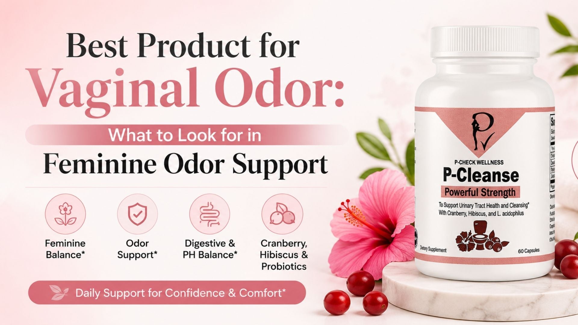 Best product for vaginal odor support featuring P-Cleanse feminine balance supplement with cranberry, hibiscus, and probiotics for feminine wellness support