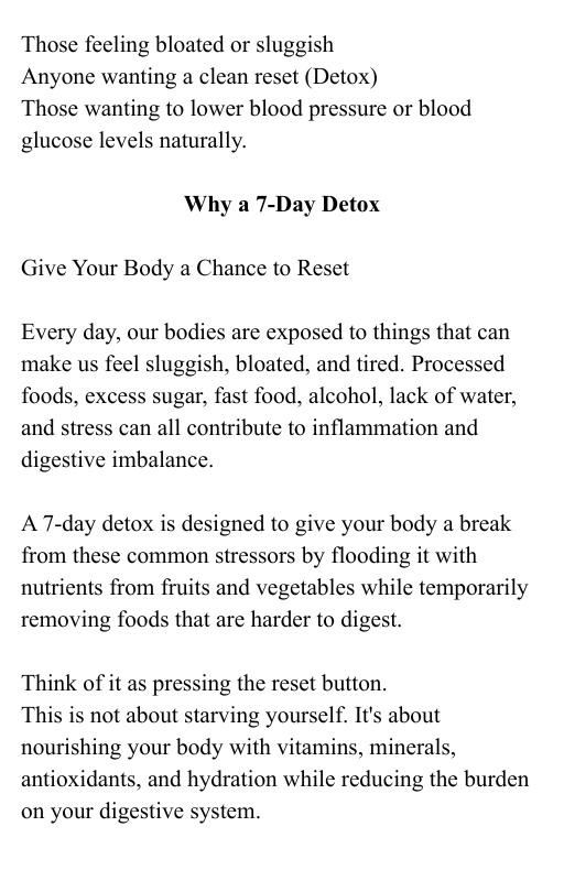 7 DAY DETOX (RECIPES) INCLUDED BONUS 7 DAY POST DETOX MEAL PLAN & RECIPES (VEGAN FRIENDLY)
