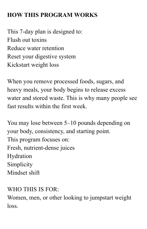 7 DAY DETOX (RECIPES) INCLUDED BONUS 7 DAY POST DETOX MEAL PLAN & RECIPES (VEGAN FRIENDLY)